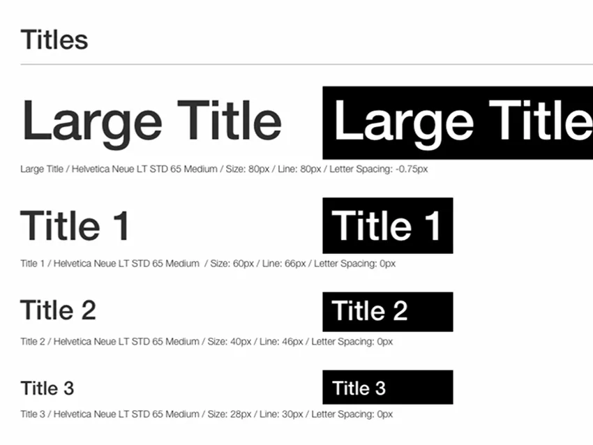 The new title scale in Helvetica Neue 65 Medium, in sentence case: Large Title at 80px, then Titles 1 to 3, each shown on white and on black.