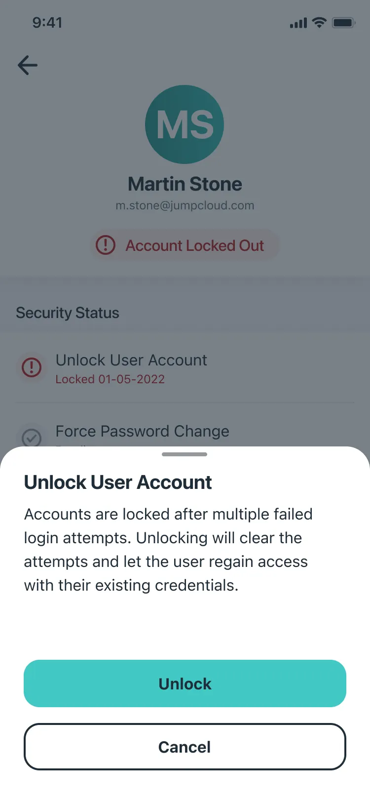 A sheet over Martin Stone’s profile: Unlock User Account. Accounts are locked after multiple failed login attempts. Unlocking will clear the attempts and let the user regain access with their existing credentials. Unlock and Cancel buttons.