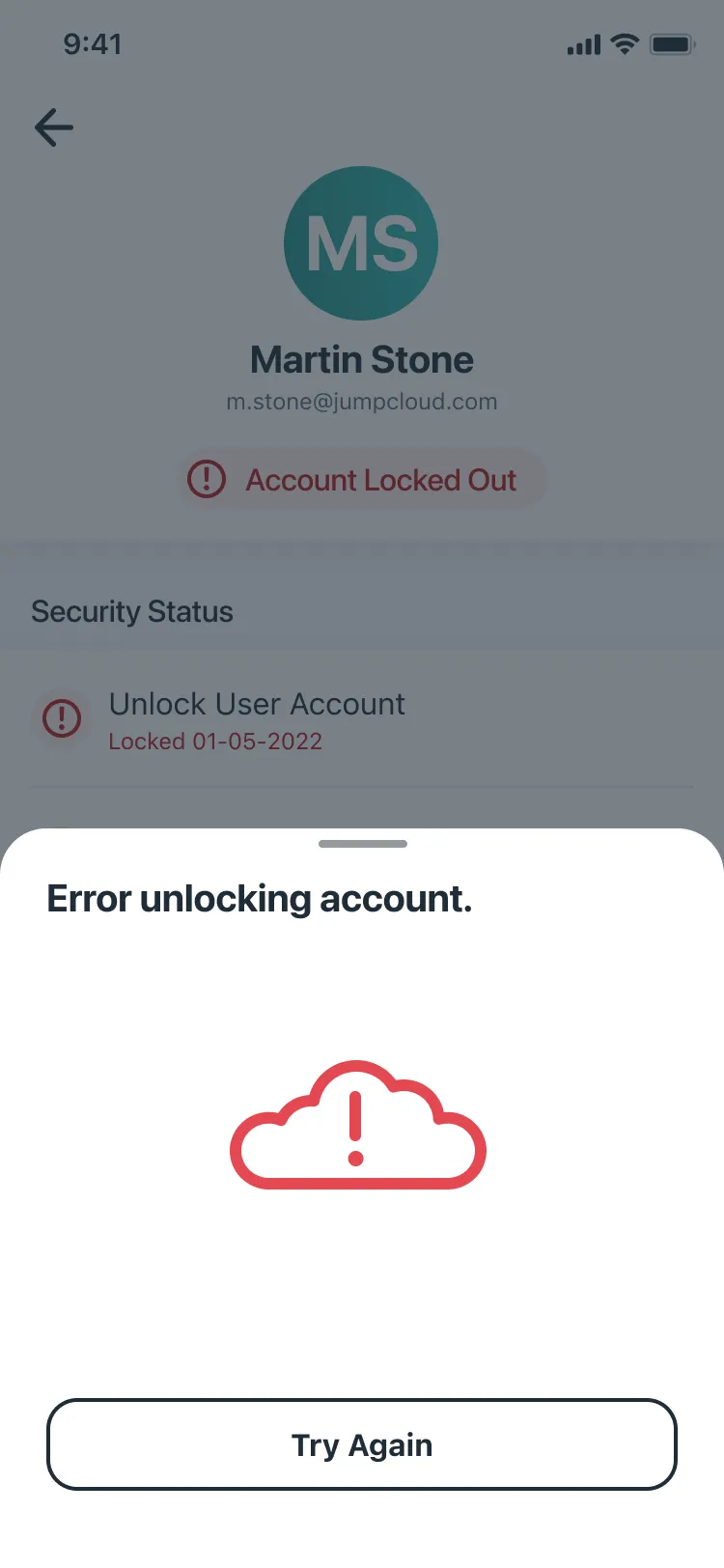 A sheet reading Error unlocking account. with a red cloud and exclamation mark and a Try Again button.