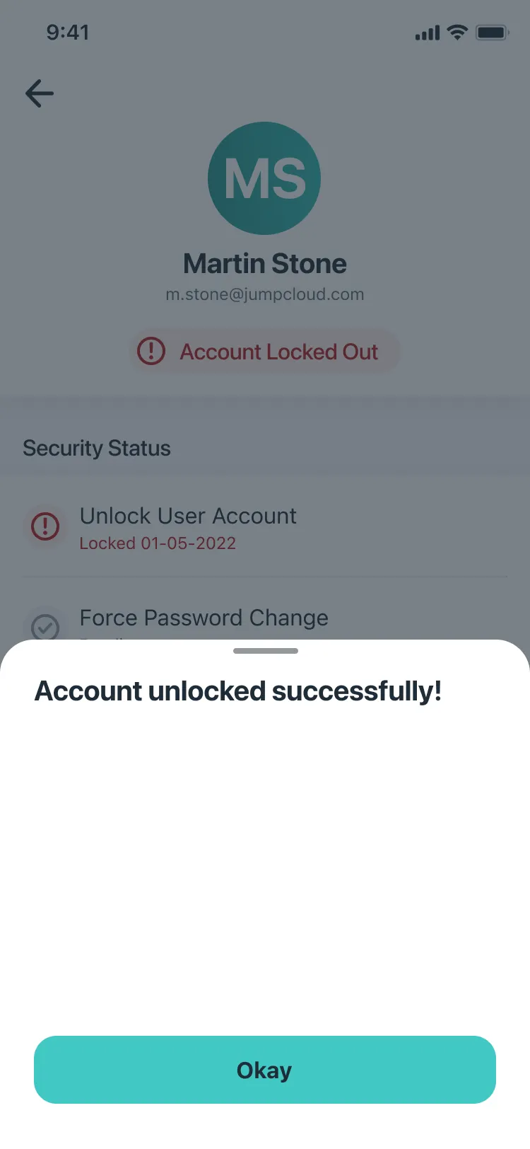 Account unlocked successfully!, with the success animation drawing a green cloud and a checkmark above an Okay button.