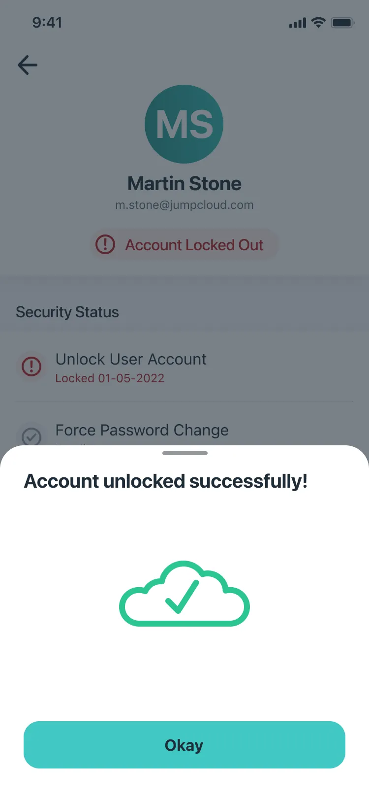 A sheet reading Account unlocked successfully! with a green cloud and checkmark and an Okay button.