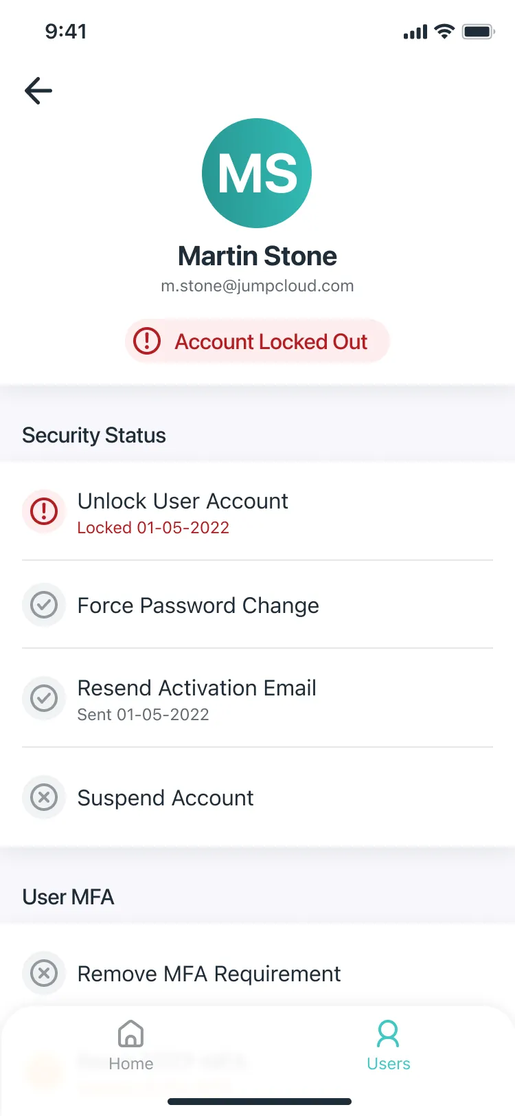JumpCloud Admin user profile for Martin Stone, marked Account Locked Out, with Unlock User Account at the top of his security actions.