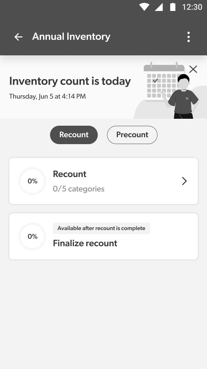 Wireframe: the annual inventory page with tabs for precount and recount tasks above the task cards.